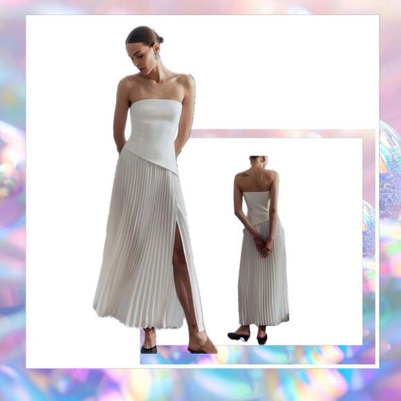 Commense Dresses & Skirts - Commense - White Solid Pleated Strapless Split Dress Size Medium NWT